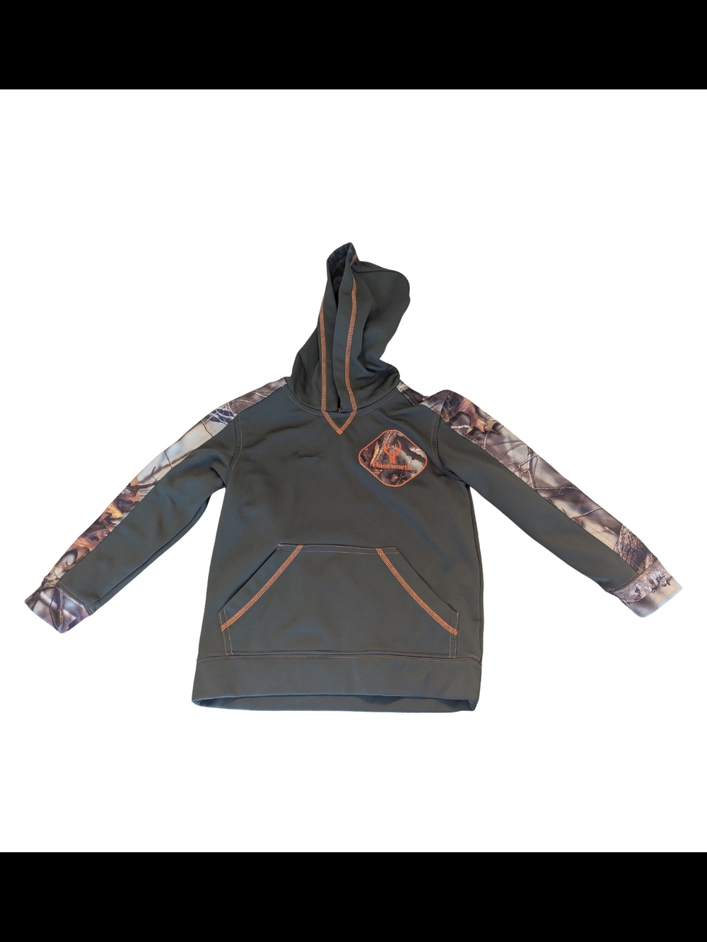 EUC Huntworth Youth Small Brown Orange Hooded Sweatshirt Camo Sleeves
